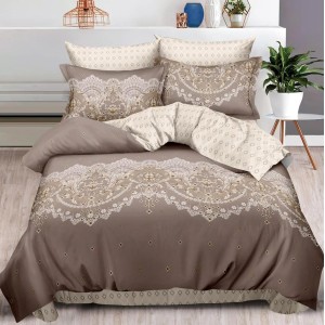 Lenjerie pat dublu,  FINET, 6 piese, cu ELASTIC, Bej, oriental