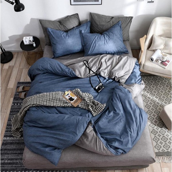 Lenjerie pat dublu cu doua feţe, bumbac satinat, 4 piese,  Albastru [1]