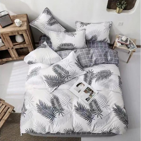 Lenjerie pat dublu cu doua feţe, bumbac satinat, 4 piese,  Gri, frunze [1]