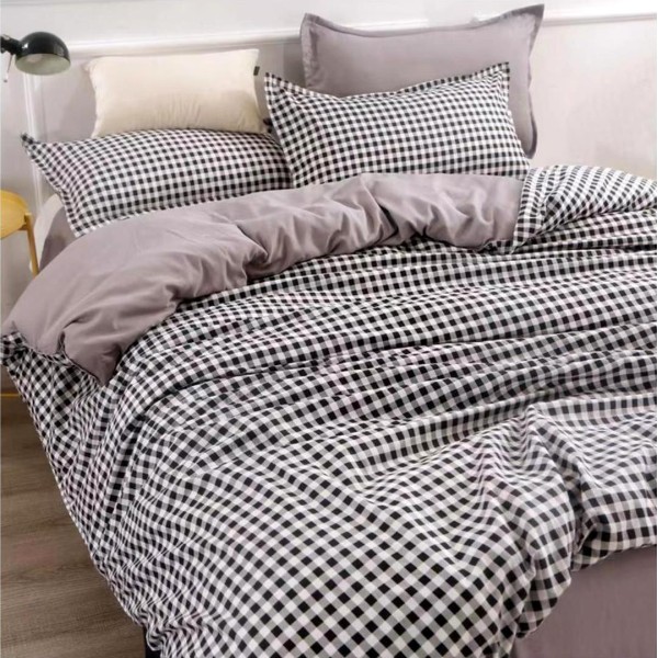 Lenjerie pat dublu cu doua feţe, bumbac satinat, 4 piese,  Gri, carouri [1]