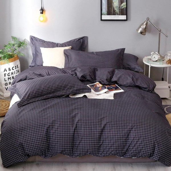 Lenjerie pat dublu cu doua feţe, bumbac satinat, 4 piese,  Gri inchis, carouri [1]