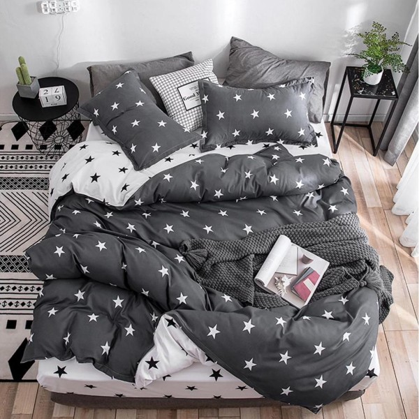 Lenjerie pat dublu cu doua feţe, bumbac satinat, 4 piese,  Gri, stelute [1]