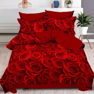 Lenjerie pat dublu,  FINET, 6 piese, cu ELASTIC, Rosu, trandafiri