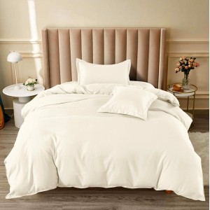 Lenjerie pat 1 PERSOANA, BUMBAC FINET, 4 piese, cu ELASTIC, Crem