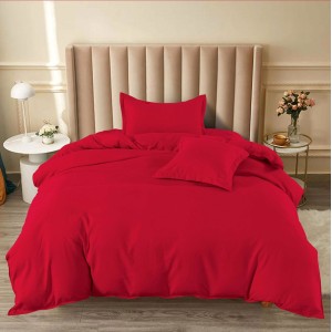 Lenjerie pat 1 PERSOANA, BUMBAC FINET, 4 piese, cu ELASTIC, Rosu