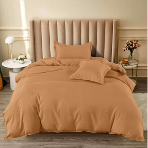 Lenjerie pat 1 PERSOANA, BUMBAC FINET, 4 piese, cu ELASTIC, Camel