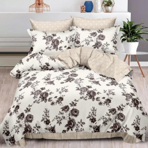 Lenjerie pat dublu,  FINET, 6 piese, cu ELASTIC, Bej, trandafiri