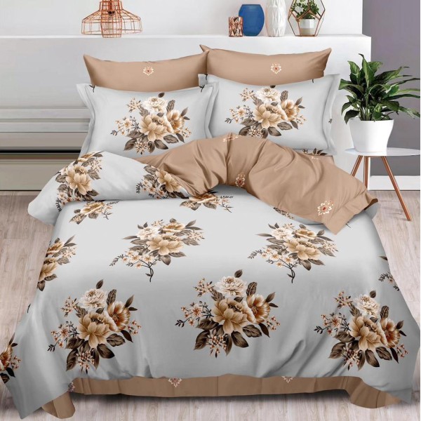 Lenjerie pat dublu,  FINET, 6 piese, cu ELASTIC, Maro, flori [1]