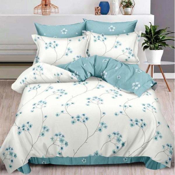 Lenjerie pat dublu,  FINET, 6 piese, Bleu, flori [1]