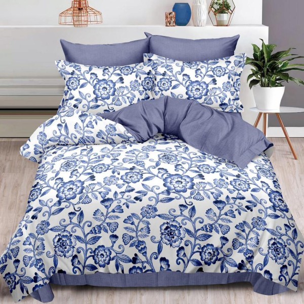 Lenjerie pat dublu,  FINET, 6 piese, Albastru, flori [1]