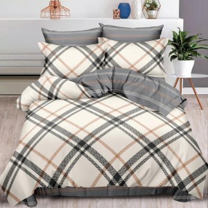 Lenjerie pat dublu,  FINET, 6 piese, cu ELASTIC, Gri, carouri