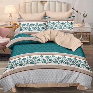 Lenjerie pat dublu,  FINET, 6 piese, Bej-Turquoise, floral