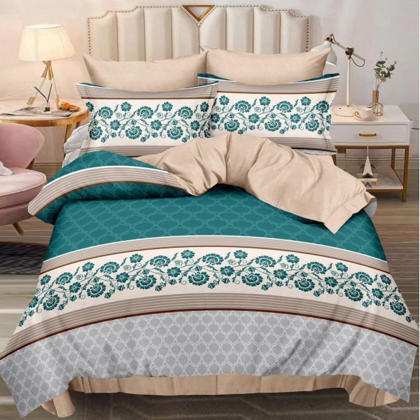 Lenjerie pat dublu,  FINET, 6 piese, Bej-Turquoise, floral [1]