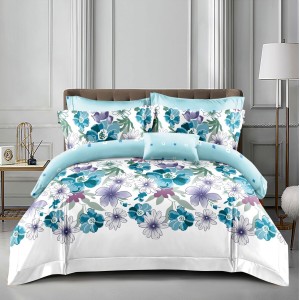 Lenjerie pat dublu cu doua feţe, bumbac satinat, 4 piese,  Bleu, flori