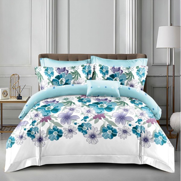 Lenjerie pat dublu cu doua feţe, bumbac satinat, 4 piese,  Bleu, flori [1]