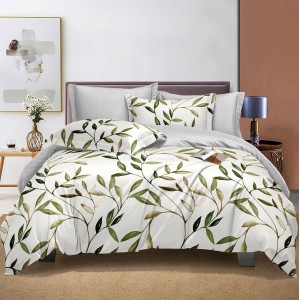 Lenjerie pat dublu cu doua feţe, bumbac satinat, 4 piese,  Verde, frunze