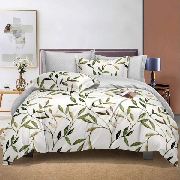 Lenjerie pat dublu cu doua feţe, bumbac satinat, 4 piese,  Verde, frunze [1]