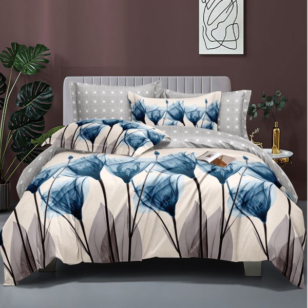 Lenjerie pat dublu cu doua feţe, bumbac satinat, 4 piese,  Albastru, flori [1]