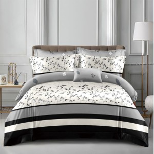 Lenjerie pat dublu cu doua feţe, bumbac satinat, 4 piese,  Gri, flori