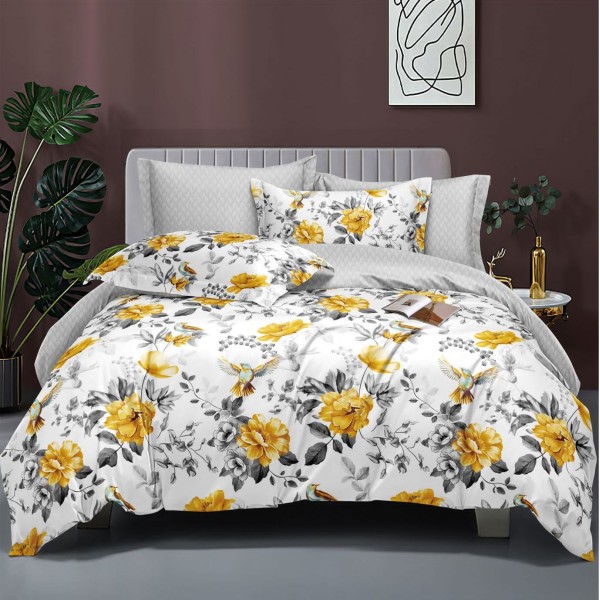 Lenjerie pat dublu cu doua feţe, bumbac satinat, 4 piese,  Galben, flori [1]