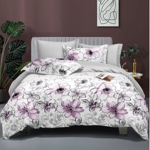 Lenjerie pat dublu cu doua feţe, bumbac satinat, 4 piese,  Gri, flori