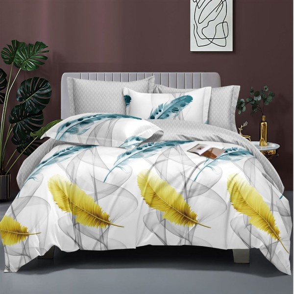 Lenjerie pat dublu cu doua feţe, bumbac satinat, 4 piese,  Gri, pene [1]