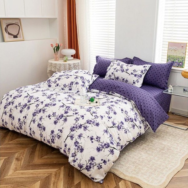 Lenjerie pat dublu cu doua feţe, bumbac satinat, 4 piese,  Mov, flori [1]