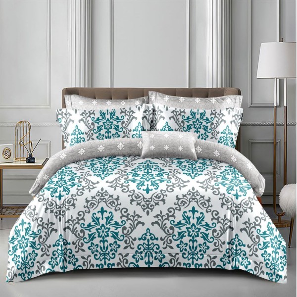 Lenjerie pat dublu cu doua feţe, bumbac satinat, 4 piese,  Turquoise, floral [1]