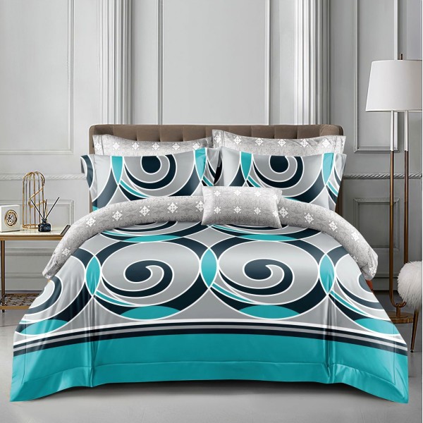 Lenjerie pat dublu cu doua feţe, bumbac satinat, 4 piese,  Gri-Turquoise, abstract [1]