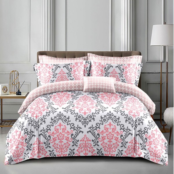 Lenjerie pat dublu cu doua feţe, bumbac satinat, 4 piese,  Gri-Roz, oriental [1]