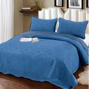 Cuvertura pat dublu, 3 piese, Catifea Matlasata, 230x250cm, Albastru