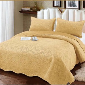 Cuvertura pat dublu, 3 piese, Catifea Matlasata, 230x250cm, Bej