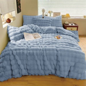 Lenjerie pat dublu, ExtraPufoasa, din Blanita artificiala de Iepure, 4 piese, Bleu