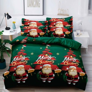 Lenjerie pat 1 PERSOANA,  FINET, 4 piese, Jojo Home, Craciun, Verde, brazi, Mos Craciun