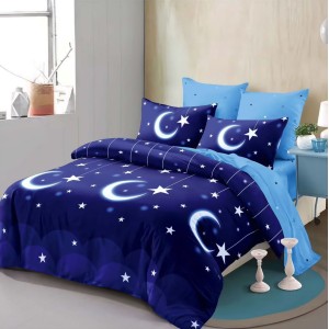 Lenjerie pat dublu,  FINET, cu elastic, 6 piese, Albastru, stelute
