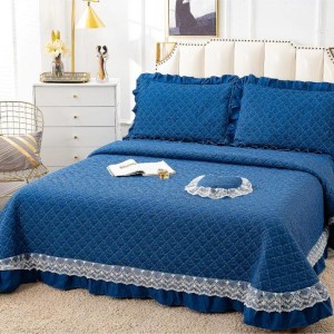 Cuvertura pat dublu din Bumbac Finet cu Broderie, 4 PIESE, Albastru