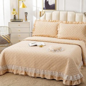 Cuvertura pat dublu din Bumbac Finet cu Broderie, 4 PIESE, Bej