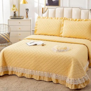 Cuvertura pat dublu din Bumbac Finet cu Broderie, 4 PIESE, Galben