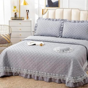 Cuvertura pat dublu din Bumbac Finet cu Broderie, 4 PIESE, Gri