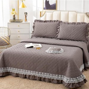 Cuvertura pat dublu din Bumbac Finet cu Broderie, 4 PIESE, Gri inchis