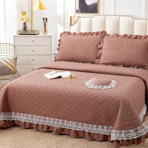 Cuvertura pat dublu din Bumbac Finet cu Broderie, 4 PIESE, Maro