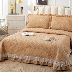 Cuvertura pat dublu din Bumbac Finet cu Broderie, 4 PIESE, Maro deschis