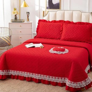 Cuvertura pat dublu din Bumbac Finet cu Broderie, 4 PIESE, Rosu