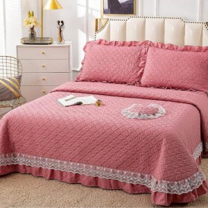 Cuvertura pat dublu din Bumbac Finet cu Broderie, 4 PIESE, Roz