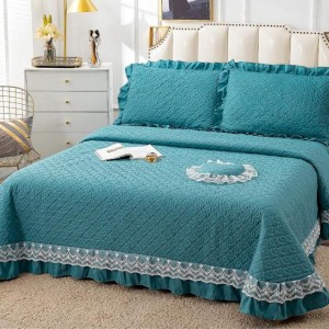 Cuvertura pat dublu din Bumbac Finet cu Broderie, 4 PIESE, Turquoise