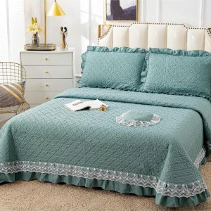 Cuvertura pat dublu din Bumbac Finet cu Broderie, 4 PIESE, Verde aqua