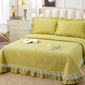 Cuvertura pat dublu din Bumbac Finet cu Broderie, 4 PIESE, Vernil