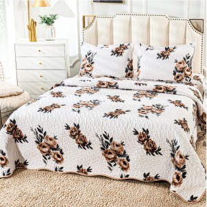 Cuvertura pat dublu din Bumbac Satinat Superior, 3 PIESE, Bej, trandafiri