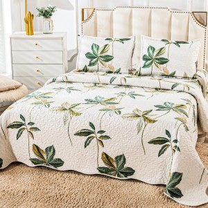 Cuvertura pat dublu din Bumbac Satinat Superior, 3 PIESE, Verde, frunze