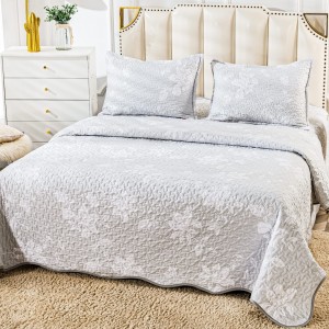 Cuvertura pat dublu din Bumbac Satinat Superior, 3 PIESE, Gri, flori